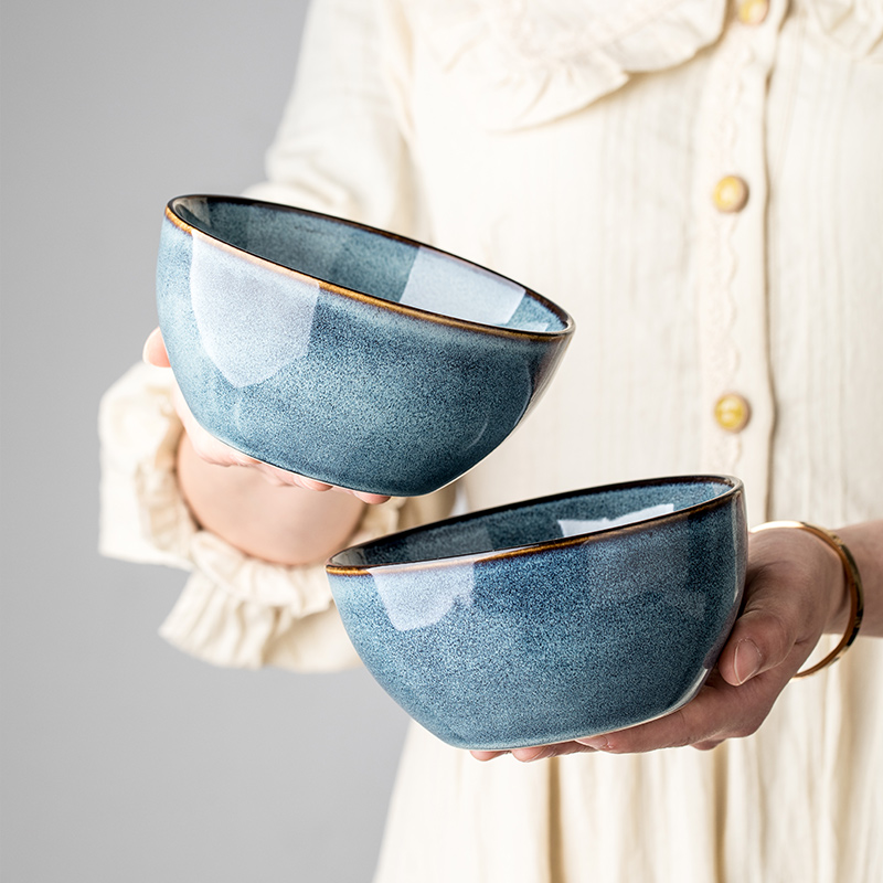 悠瓷 创意家用陶瓷碗米饭碗好看的5英寸小汤碗复古蓝色吃饭的小碗