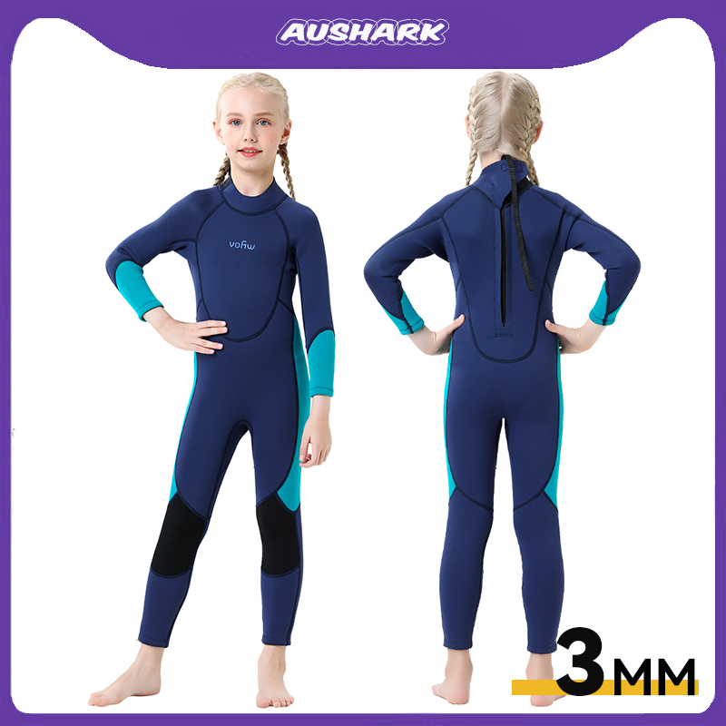 AU.S新款3mm儿童潜水服长袖泳衣连体防寒保暖加厚游泳冲浪水母衣