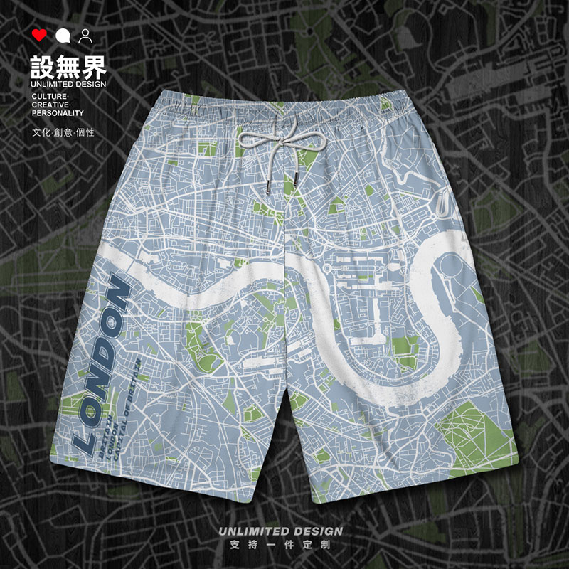设无界 英国首都伦敦国外城市地图满印运动短裤男女潮流夏季裤子