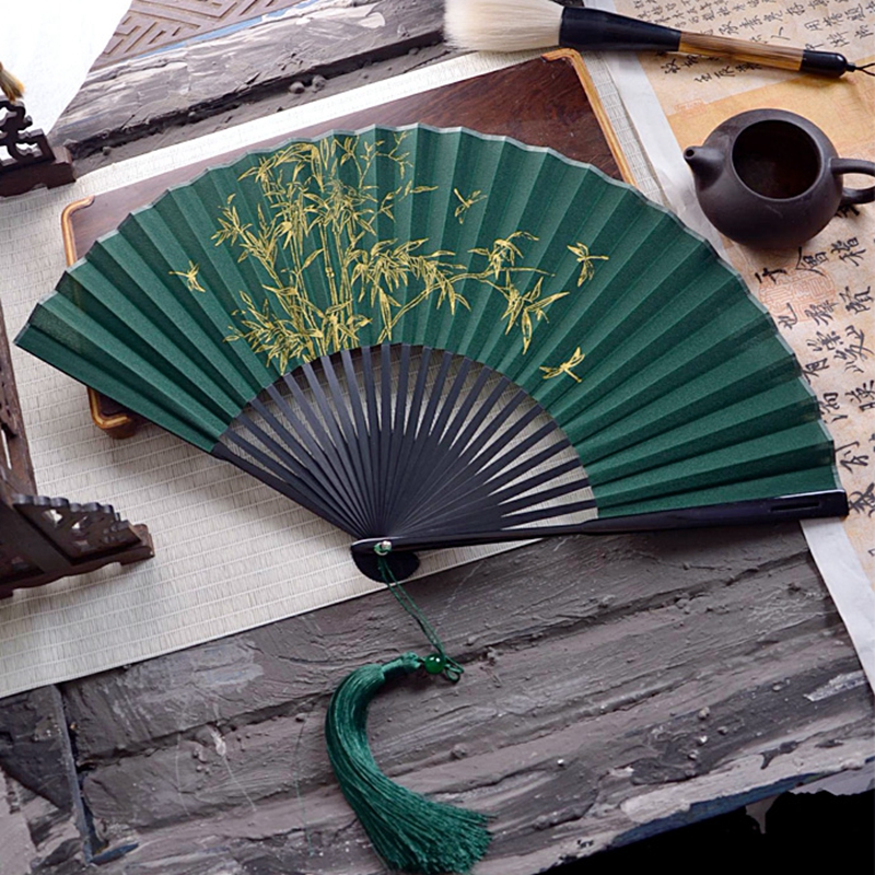 中国风折扇子男生便携8寸复古风折叠古典古装汉服黑色绿色竹林大