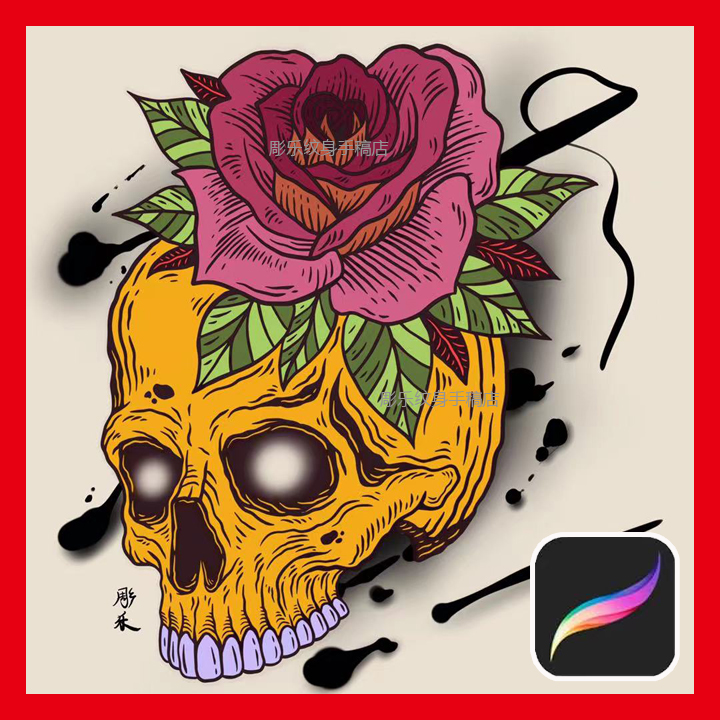procreate笔刷欧美暗黑骷髅玫瑰花线稿纹身图案一键导入iPad素材