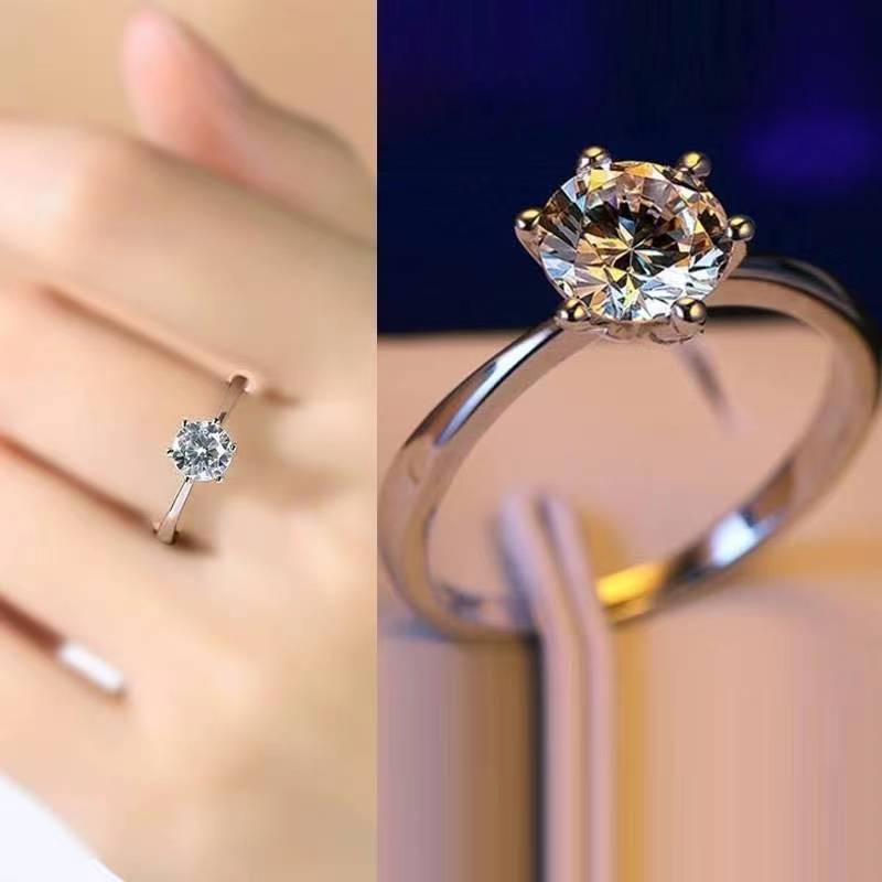 1克拉仿真莫桑钻s925银戒指男士女情侣一对戒订结婚求婚纯色指环