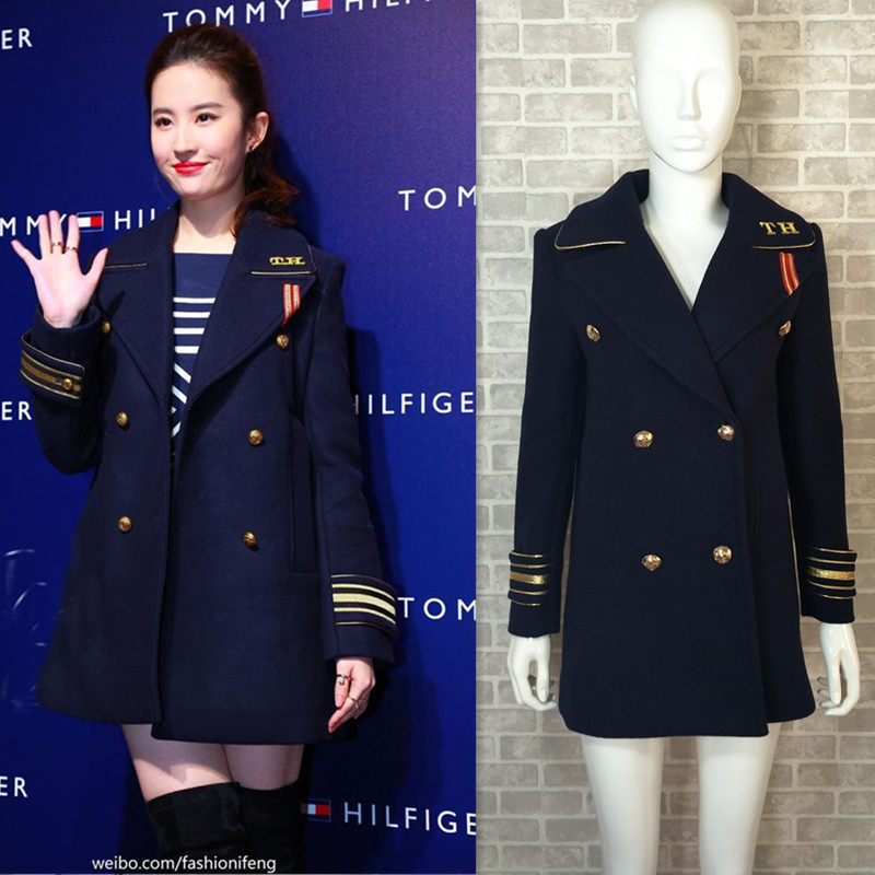 2018秋冬季大衣明星刘亦菲同款藏蓝色海军风双面女中长羊毛呢外套