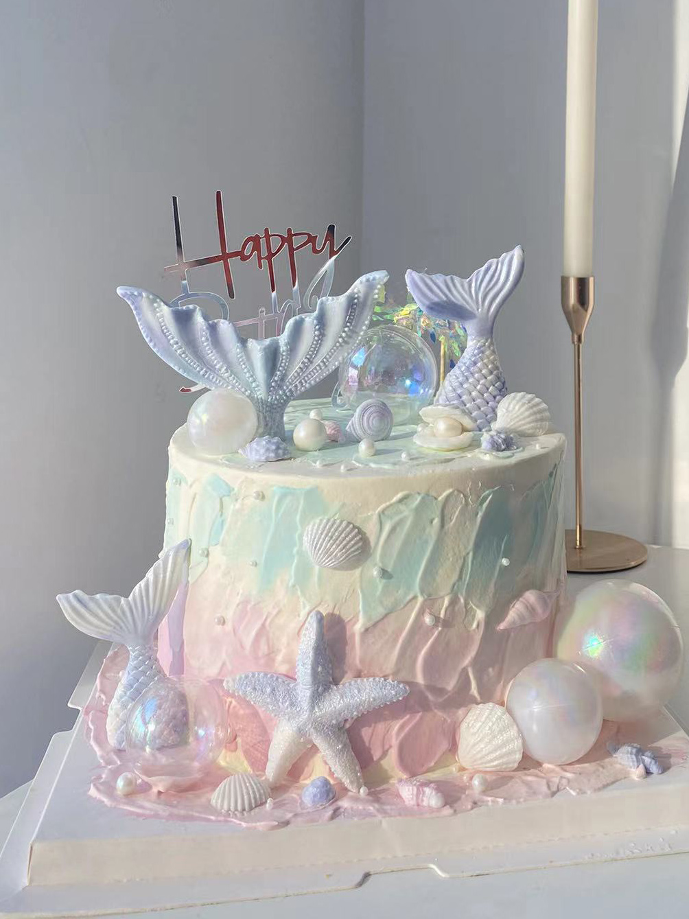 生日蛋糕装饰双鱼座宝宝摆件女神款珍珠蝴蝶结美人鱼尾模具小仙女