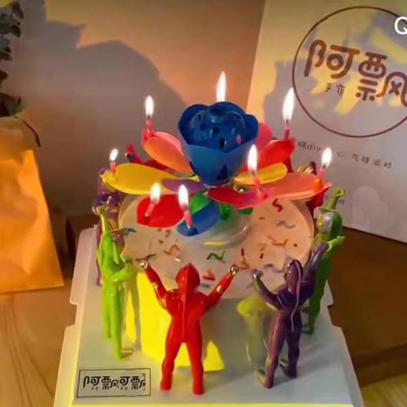 男孩生日蛋糕装饰光的英雄百变超人烘焙摆件旋转带音乐莲花蜡烛