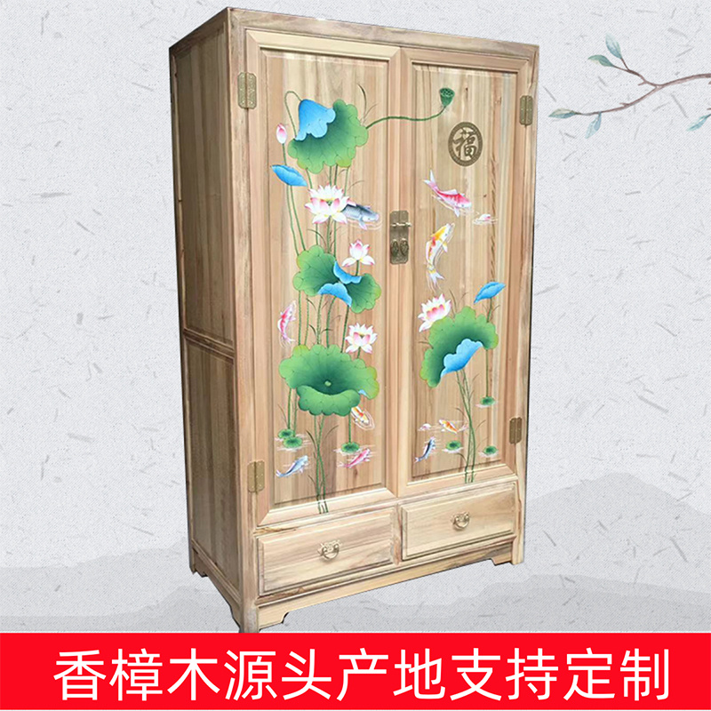 新中式香樟木衣柜家用卧室防虫储物柜手绘全樟木独立衣橱原木整装