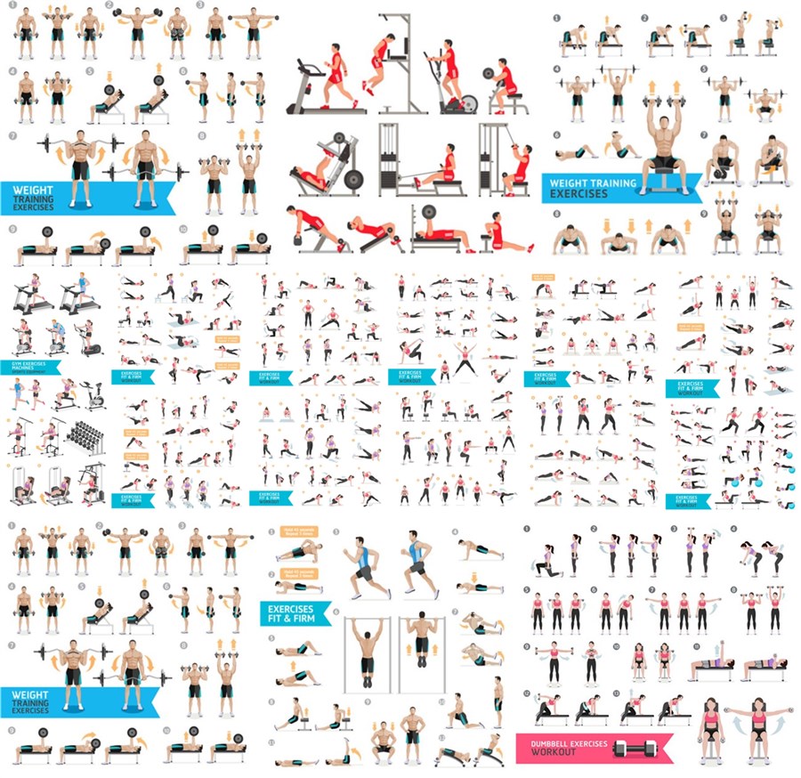 200多款卡通体育运动健身杠铃跑步动作分解男女人物图AI矢量素材