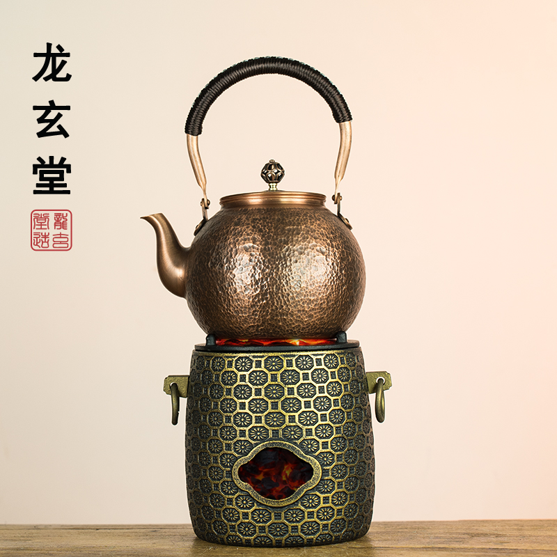 铜壶炭炉煮茶烧水壶手工纯紫铜水壶户外露营便携茶具碳火炉煮茶壶