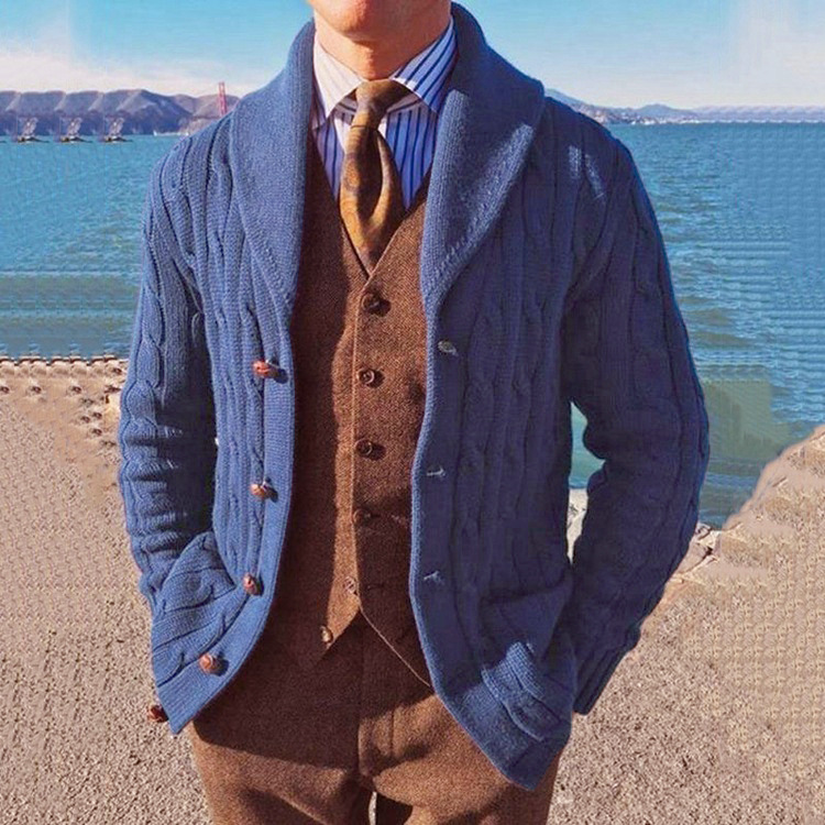 复古潮款欧美秋冬男装修身长袖针织外套翻领蓝色开衫夹克毛衣外套