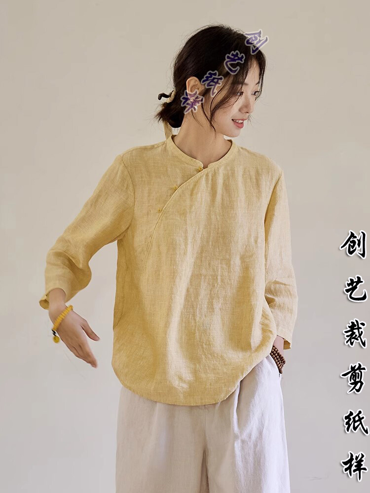 n23111t：裁剪图纸版汉麻新中式改良汉服斜襟恤衬衫女装上衣纸样