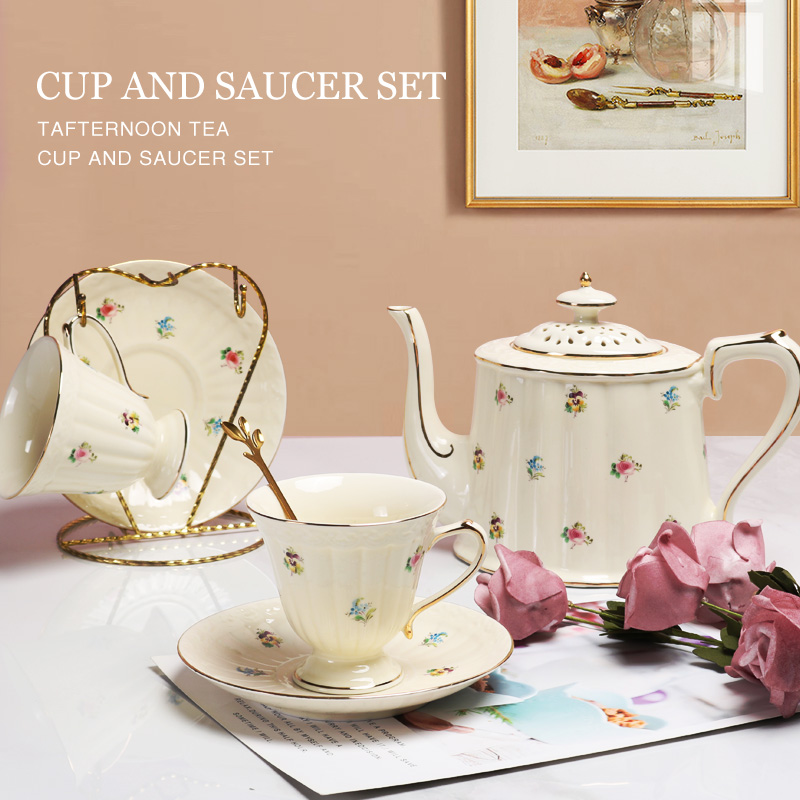 欧式复古茶壶套装小花图案陶瓷咖啡杯碟套装带勺英式下午茶壶配匙