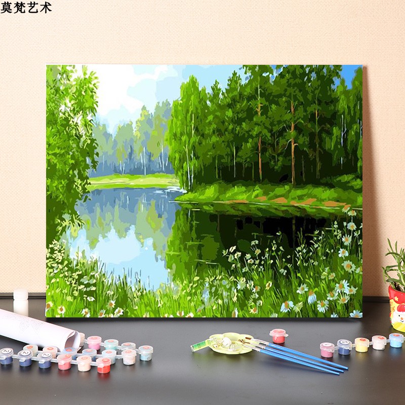 数字油画diy填充绿色树林手工填色涂色画手绘春天风景画油彩画画