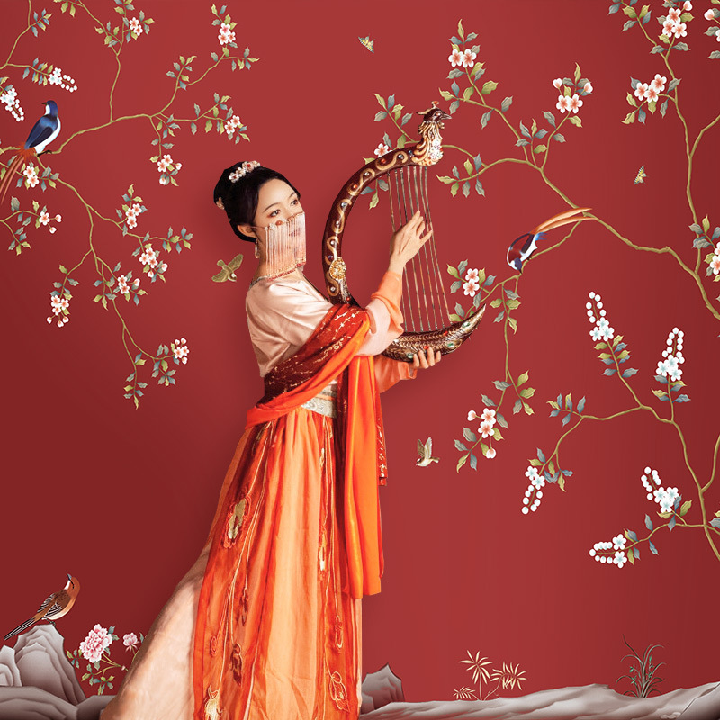 中式古典花鸟装饰壁画国潮风墙壁布宫廷中国红故宫火锅饭店墙贴纸