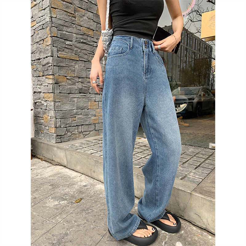 A7seven 牛仔裤女夏季高频穿搭单品韩版圆弧口袋设计感拖地直筒裤