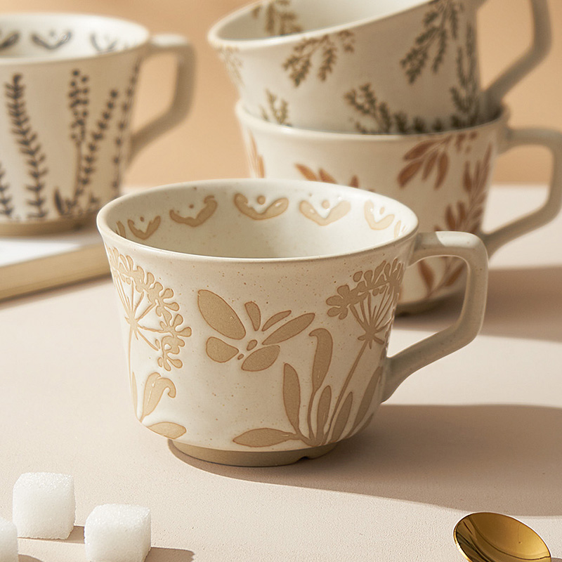 复古浮雕粗陶马克杯高档手绘咖啡陶瓷杯创意大容量家用小众水杯子