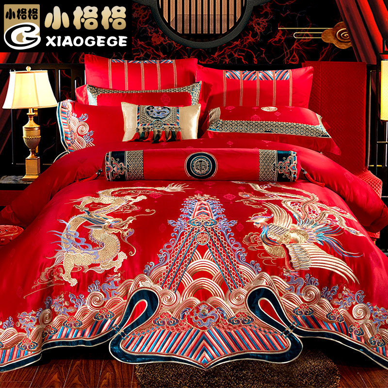80支长绒棉婚庆四六十件套 奢华大红色龙凤刺绣纯棉结婚床上用品
