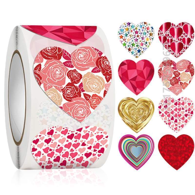 500张/卷彩色心形情人节贴纸礼物封口贴爱心玫瑰花装饰不干胶标&