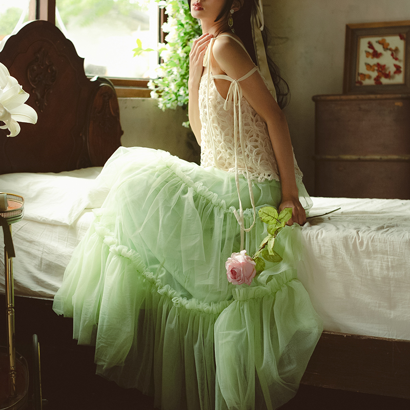 弥爱原创《绿野仙踪》薄荷曼波复古蓬蓬网纱裙荷叶边写真加长裙