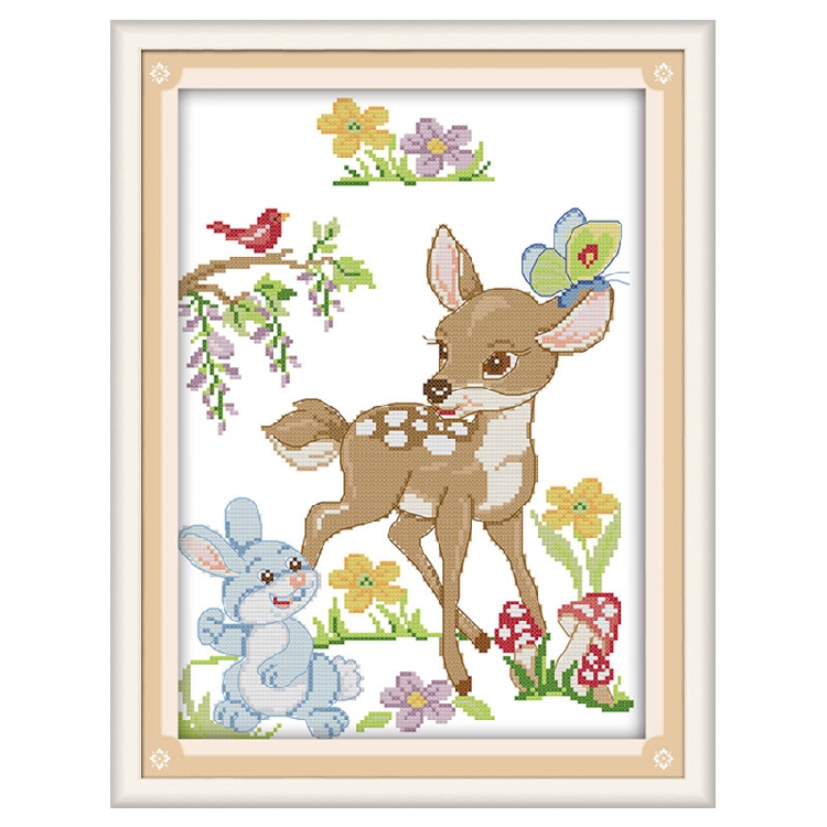 可爱梅花鹿印花十字绣儿童房竖版卡通动物刺绣件小鹿小兔和小鸟