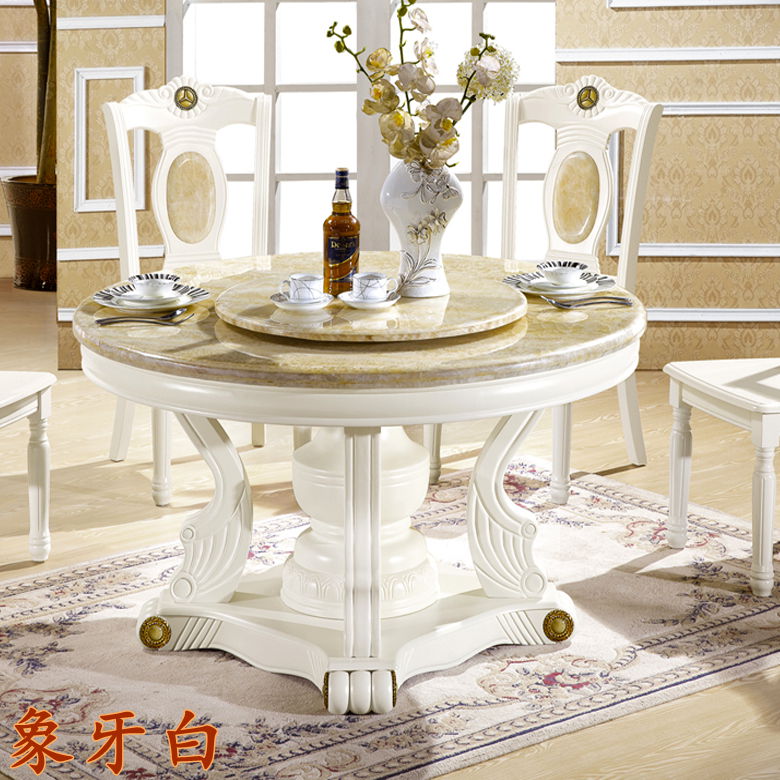 大理石餐一桌六椅欧式餐桌韩式古典圆形桌天然橡木韩式中式岩板