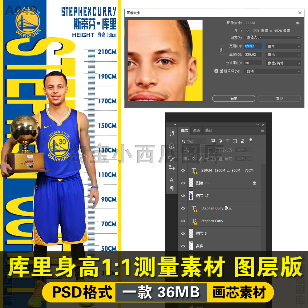 NBA球星勇士队库里身高测量篮球馆喷绘打印素材图片PSD格式图层