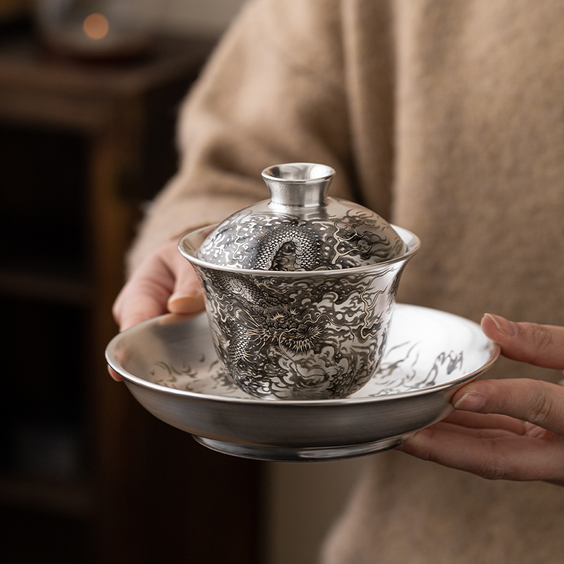 纯银999墨龙三才盖碗单个高档中式陶瓷功夫茶具家用泡茶碗茶杯子