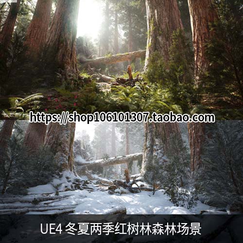 ue5 虚幻4写实森林红杉树林场景素材资源 包含雪景Redwood Forest
