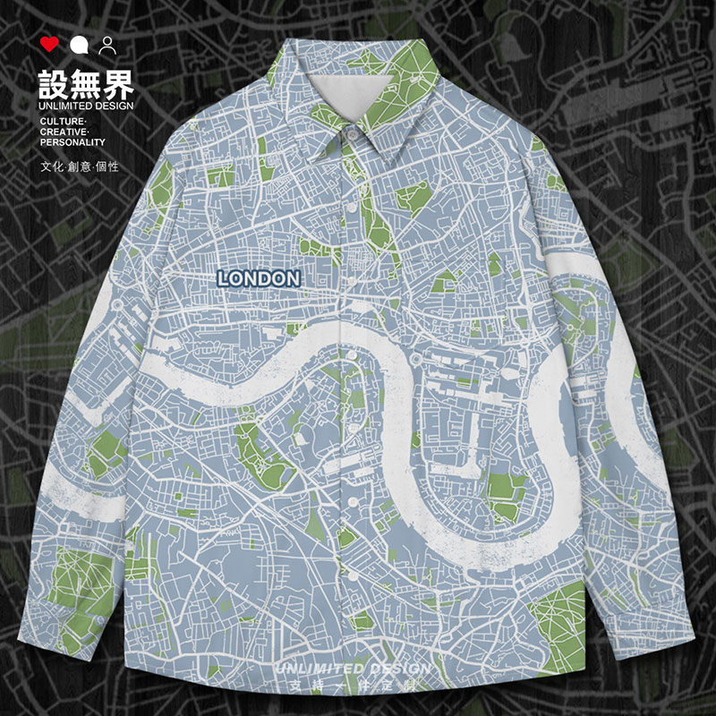 英国首都伦敦国外城市地图长袖衬衫男女城市地名宽松衬衣设 无界