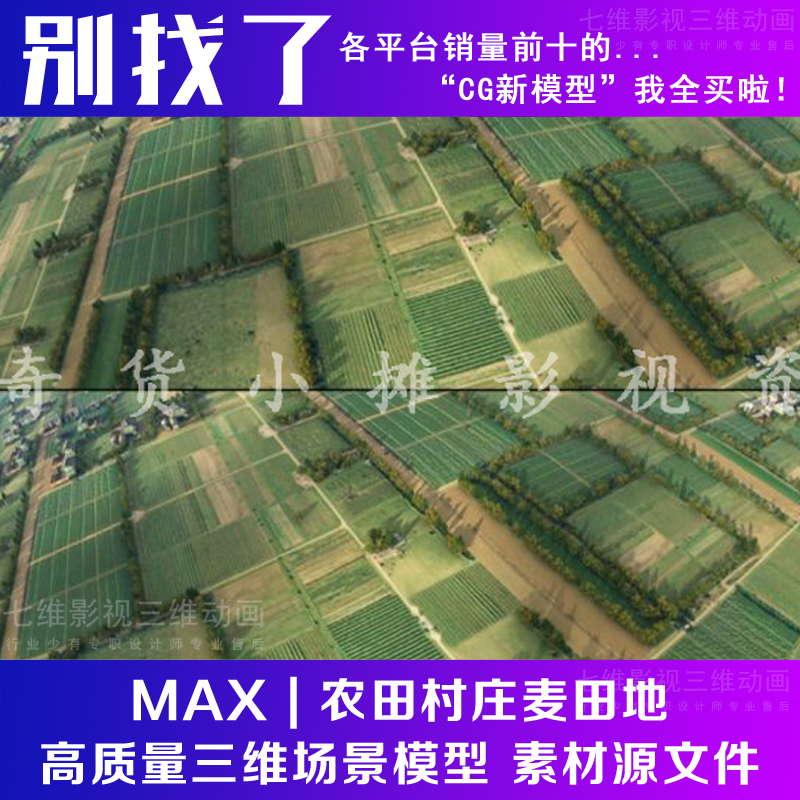 鸟瞰高精度动画场景草坪平原农田村庄麦田地整体3Dmax模型