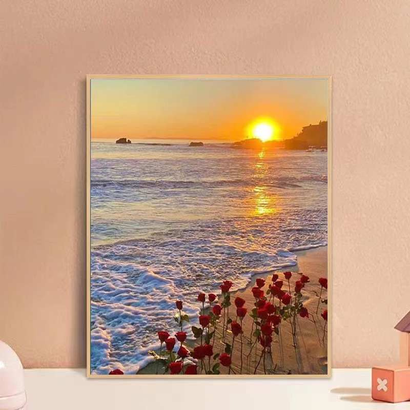 海上生花diy数字油画大海风景手绘填充涂色手工画海滩玫瑰油彩画