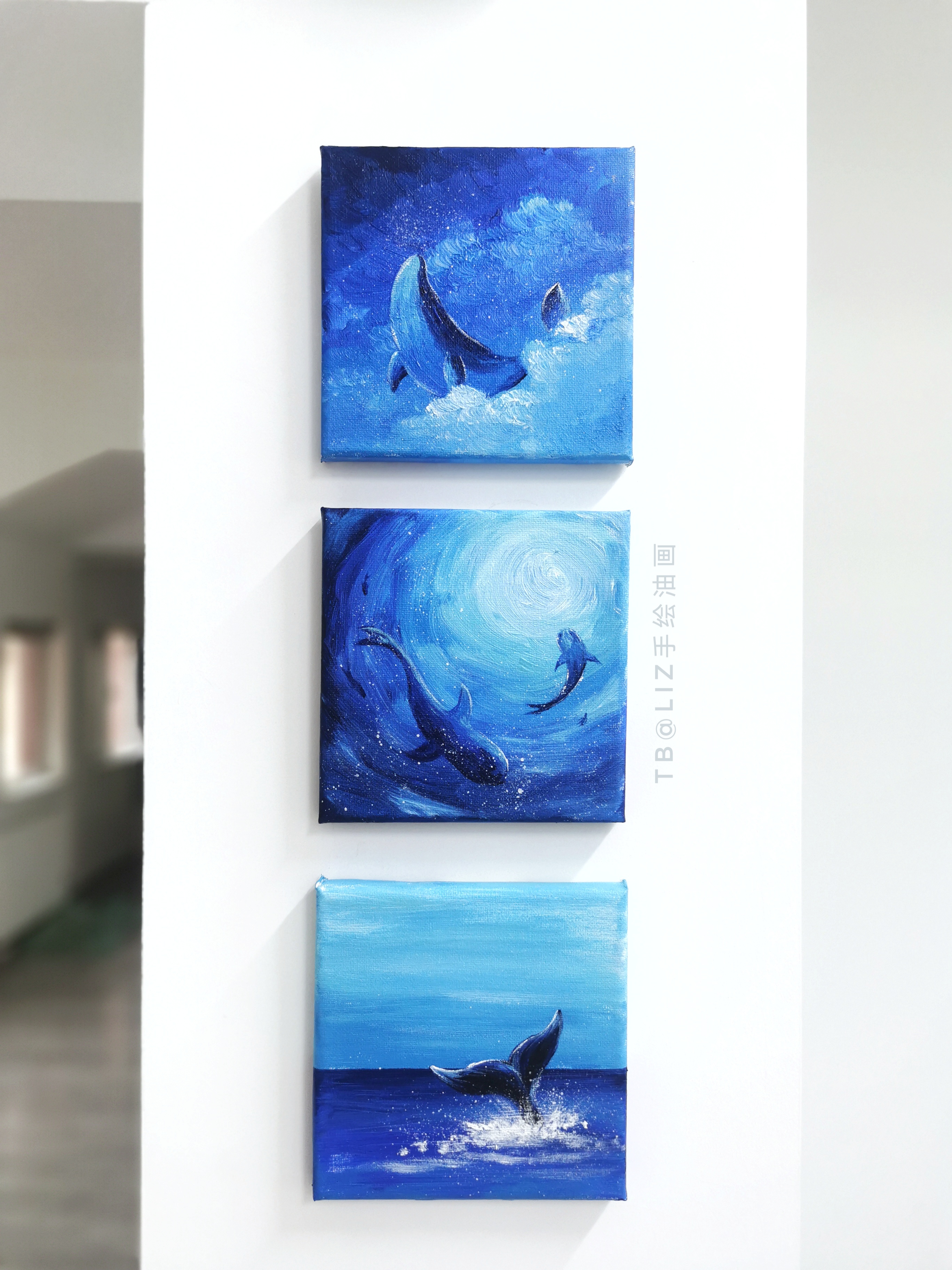 迷你小油画手绘大海海豚鲸鱼鲨鱼海底风景清新文艺桌面摆件装饰画