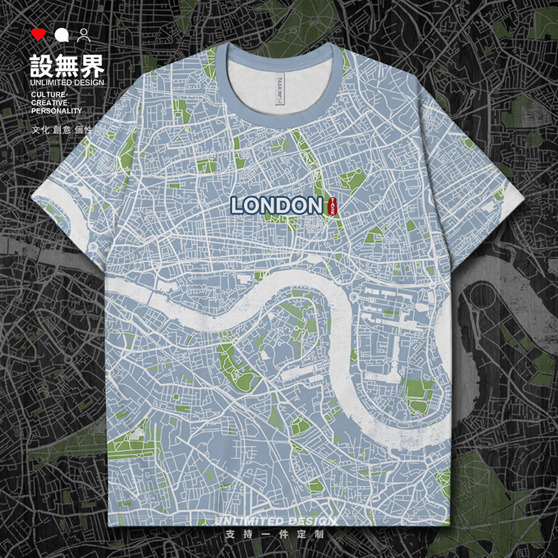 英国首都伦敦国外城市地图满印速干T恤男女城市地名短袖夏设 无界