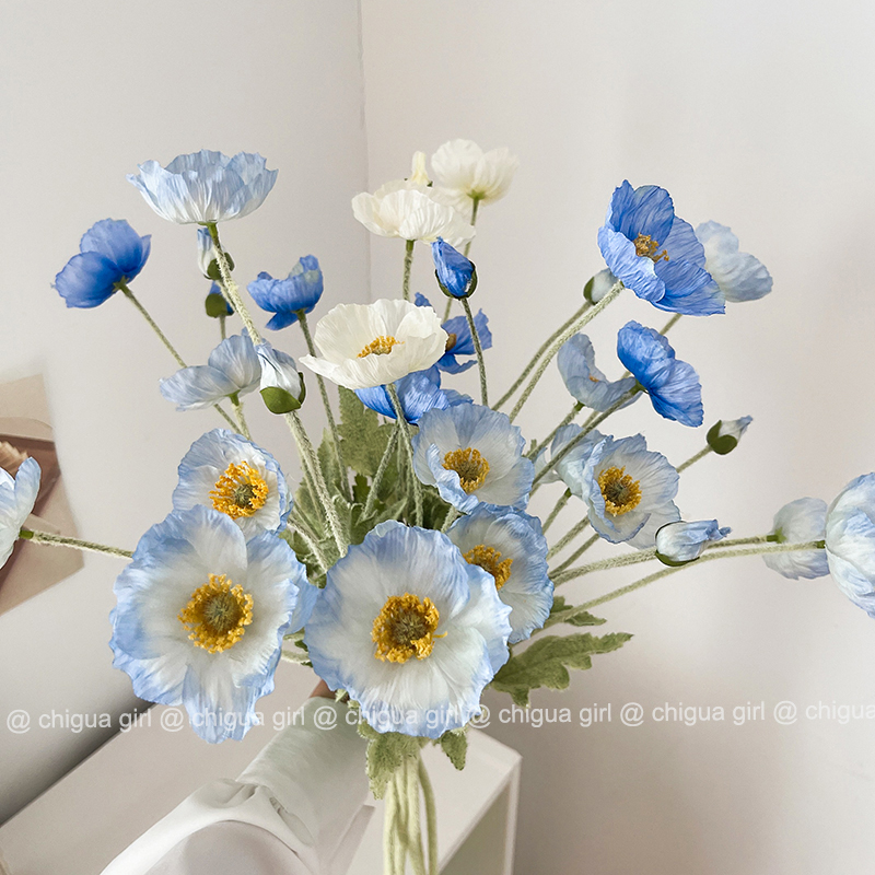 蓝色冰岛虞美人仿真花假花高档绢花ins客厅装饰花束摆设花卉摆件