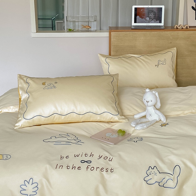 奶油黄色简笔画猫咪高端100s四件套全棉纯棉可爱兔子被套床上用品