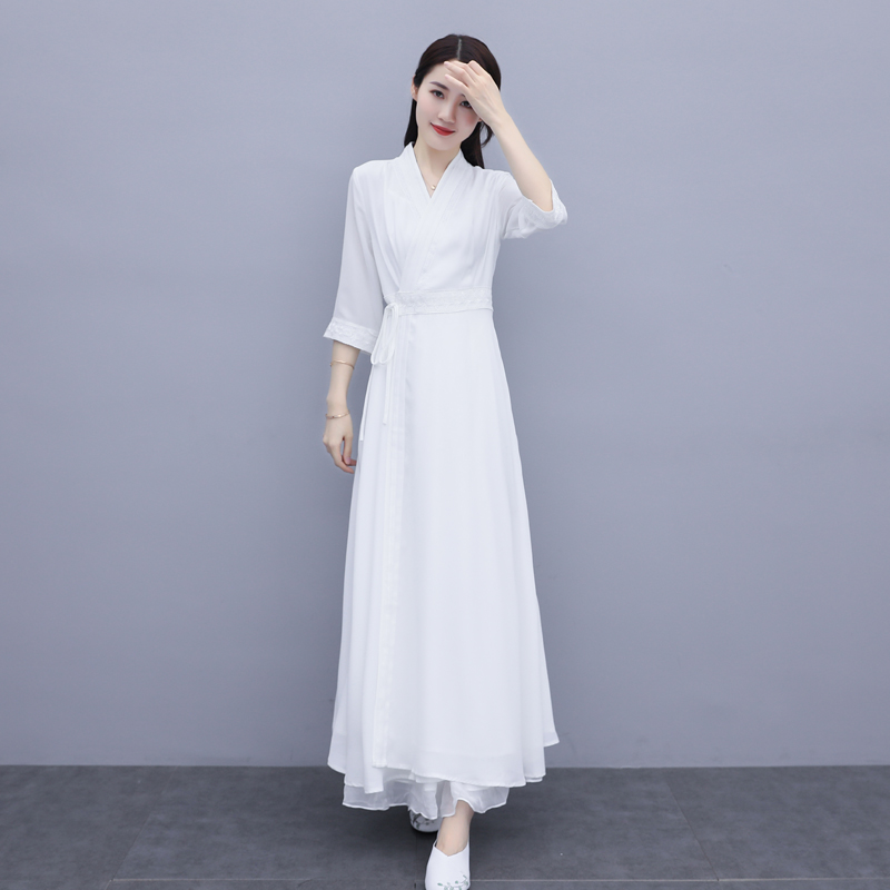抖音网红同款中国风茶服女修身显瘦白色超仙改良汉服禅服连衣裙