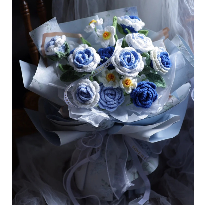 蓝白色渐变玫瑰花束diy材料包毛线手工编织成品送闺蜜送老婆礼物