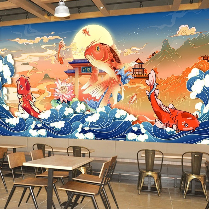 国潮风壁纸中式美食烤鱼酸菜鱼背景墙纸火锅店餐厅餐饮店装修墙布