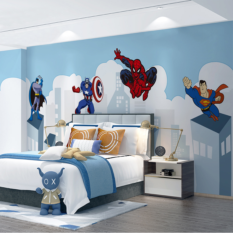 卡通漫威复仇者联盟主题墙纸墙布蜘蛛侠男孩儿童房床头背景墙壁纸