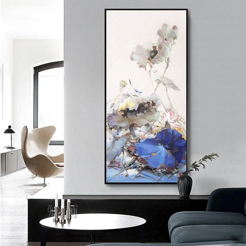 荷花油画手绘新中式现代简约客厅装饰画大型竖版挂画《好事连连》