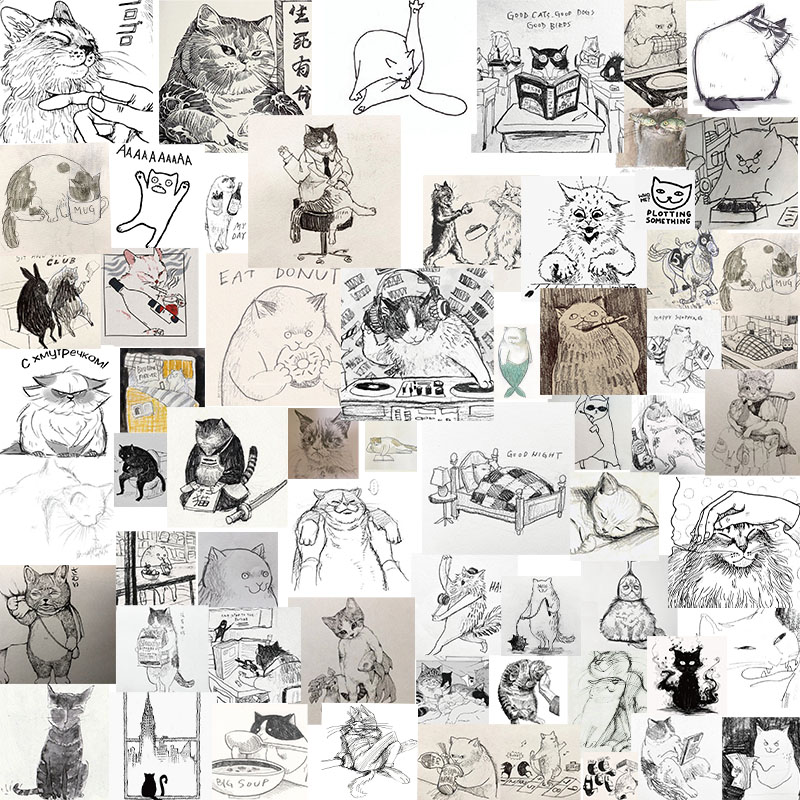 62张素描画搞怪猫咪贴纸手绘简约手机壳笔记本行李箱装饰防水贴画
