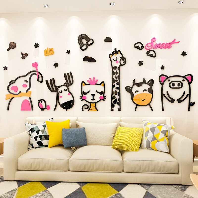 ins可爱动物简笔画亚克力3d立体墙贴客厅儿童房幼儿园布置墙贴画