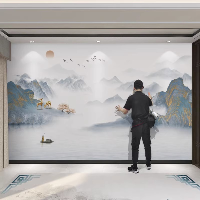 新中式电视背景墙2024壁布麋鹿壁纸新款壁画高级感墙布山水电视墙