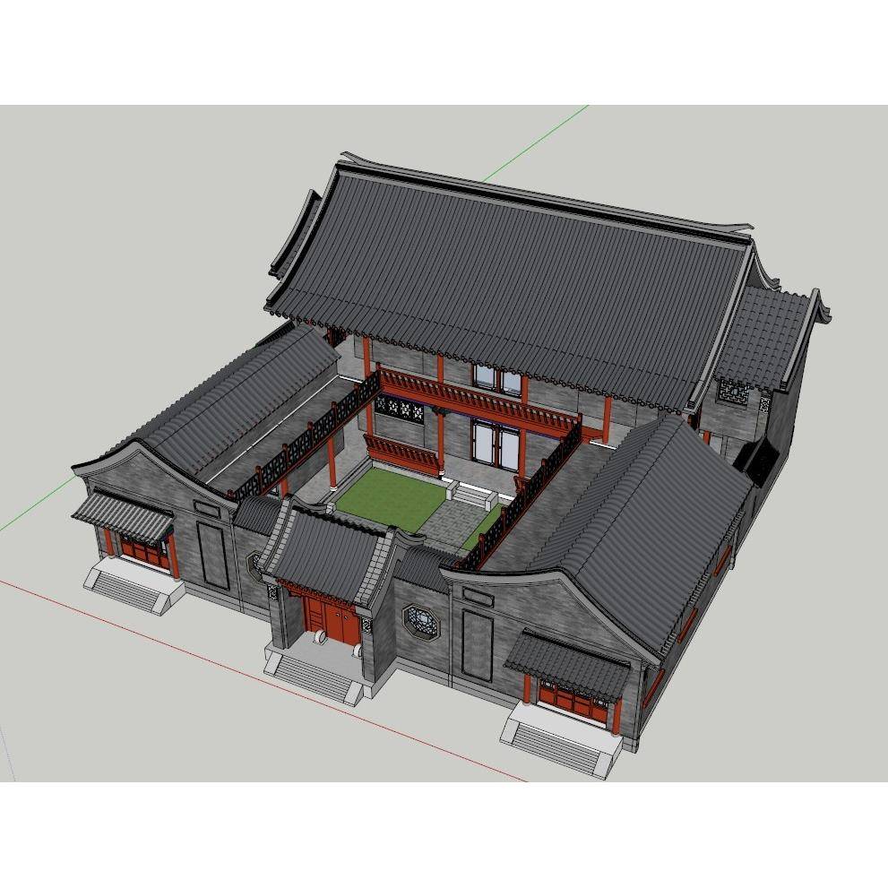 中式古建筑四合院别墅庭院垂花门厢房二层主楼草图大师SU模型