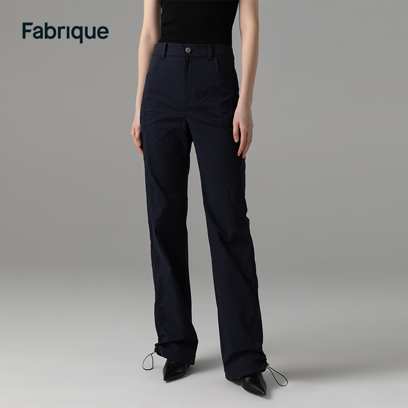 Fabrique靛蓝色肌理感可调节松紧抽绳条纹长裤拖地裤女式休闲裤子