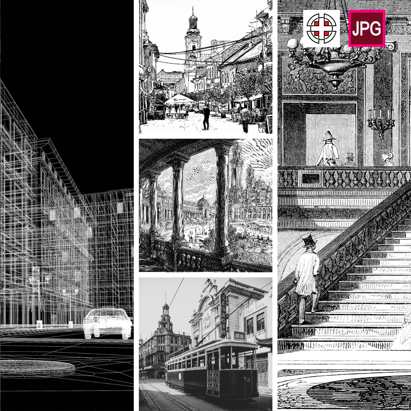 黑白图片复古城市手绘素描欧洲建筑广场风景高清背景图片设计素材