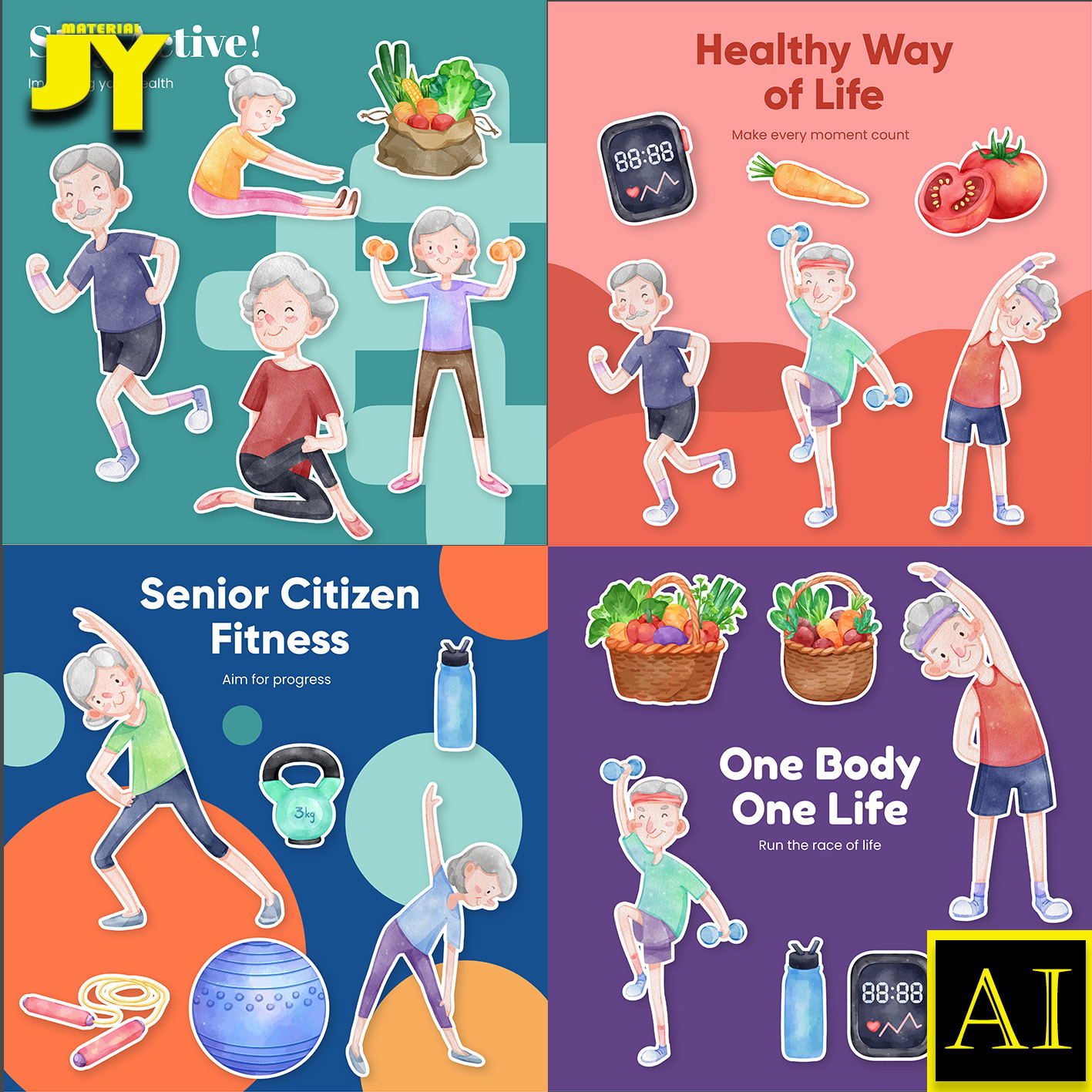 手绘卡通老人养生健身运动健康营养饮食食物早操插画海报AI素材