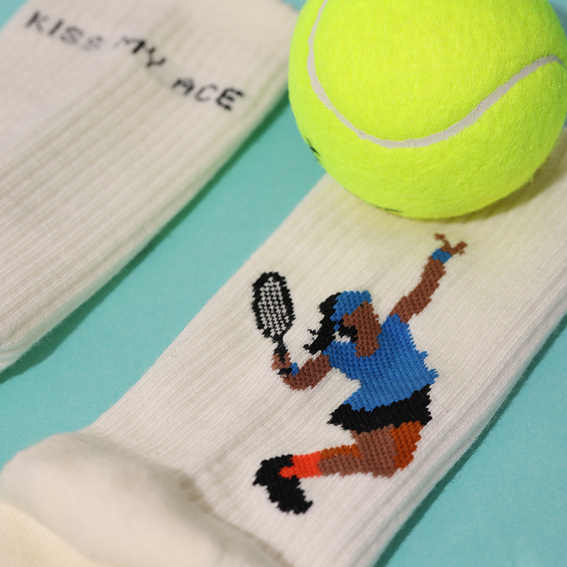 SOX&CO.原创设计女袜发球图案新疆棉莱卡毛巾底中筒运动袜网球袜