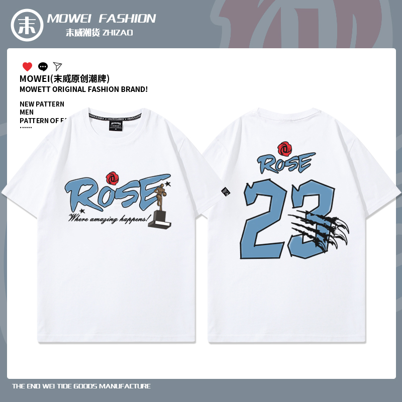 灰熊队Rose罗斯23号篮球衣手绘T恤男美式复古运动训练短袖夏季潮