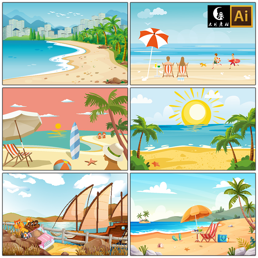 炎热夏日夏天旅游度假大海洋沙滩派对风景插画矢量图片设计素材