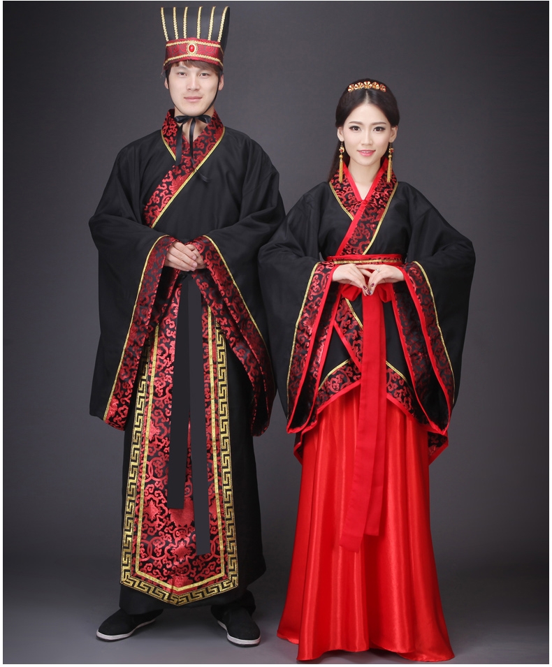 新款演出服唐装汉服直裾曲裾男女情侣古代汉代结婚服中式婚礼服装
